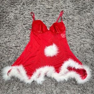 3/$15 Kohl's Red and White Christmas Chemise and Thong with Faux Fur Trim Santa